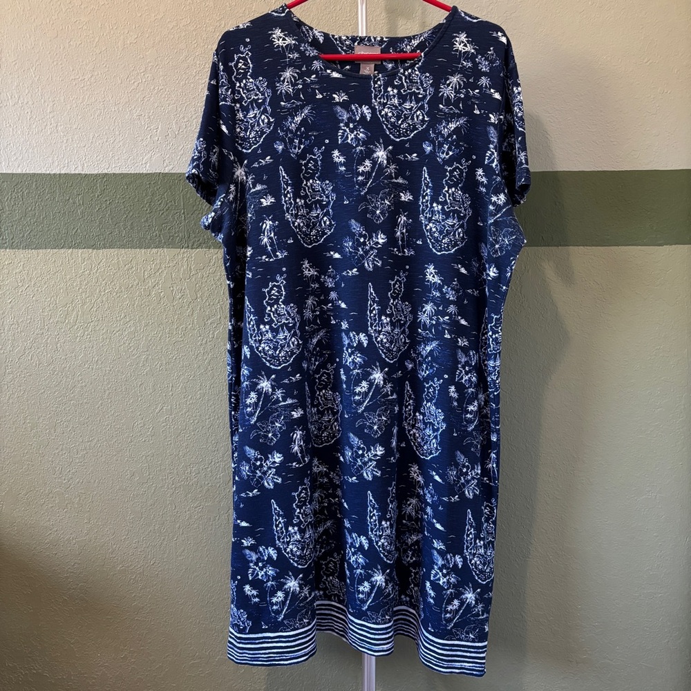 Chico's Midnight Blue Sanibel Toile Palm Tropical Print Shift Dress Sz. XL (b5)